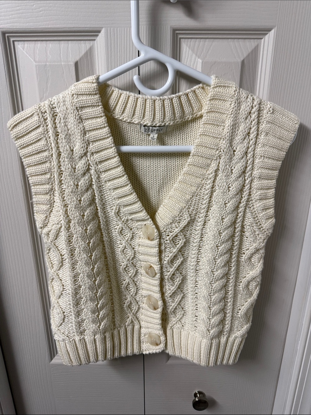 Z Supply Cream Cable Knit V-Neck Button-Front Sweater Vest
